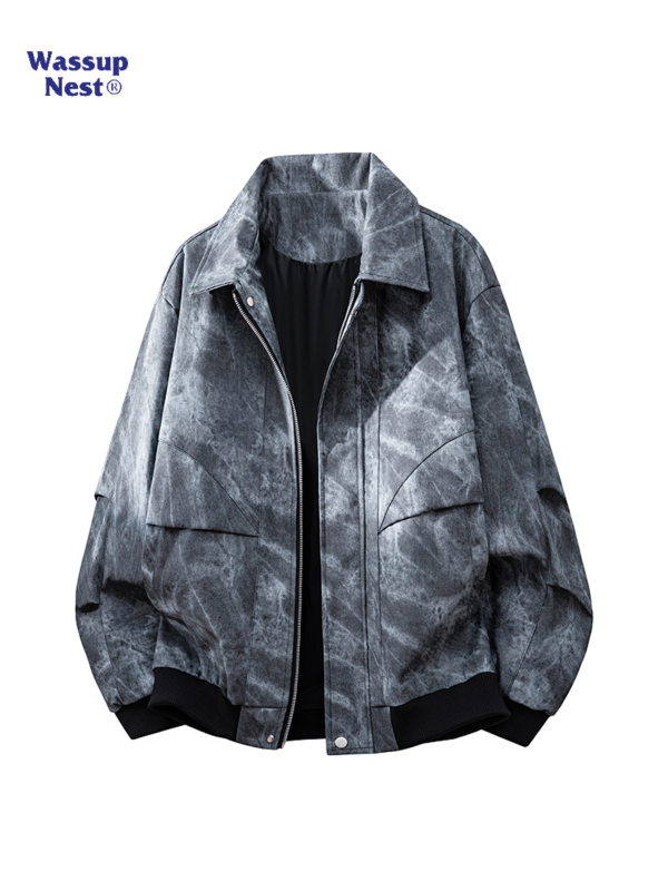 WASSUPNEST Τζάκετ PU δέρμα με tie-dye και worn look, φαρδιά γραμμή, casual εξωτερικό ένδυμα για νέους άνδρες, άνοιξη-φθινόπωρο