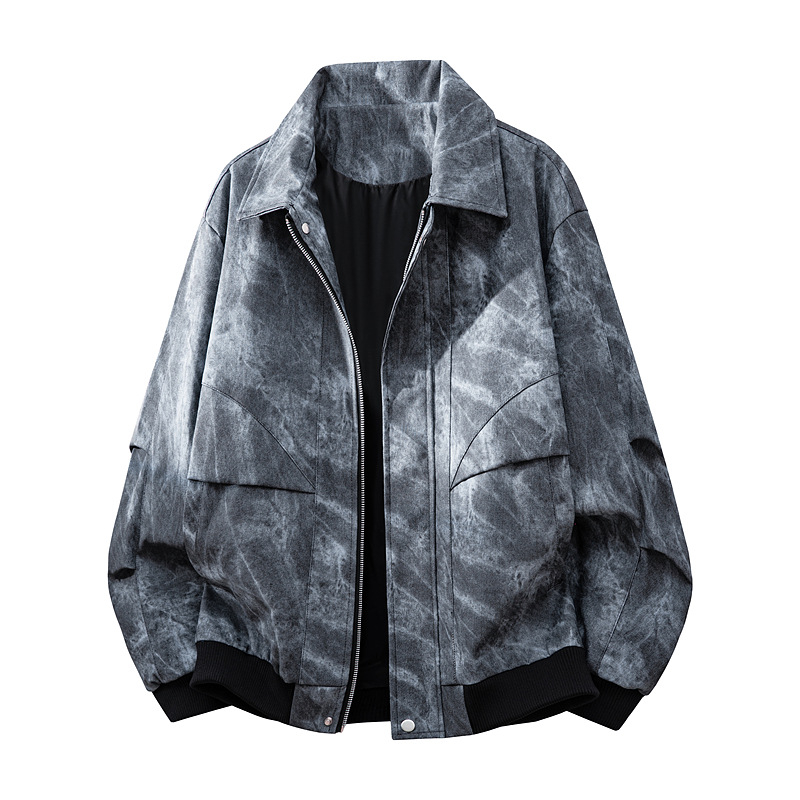 WASSUPNEST Τζάκετ PU δέρμα με tie-dye και worn look, φαρδιά γραμμή, casual εξωτερικό ένδυμα για νέους άνδρες, άνοιξη-φθινόπωρο