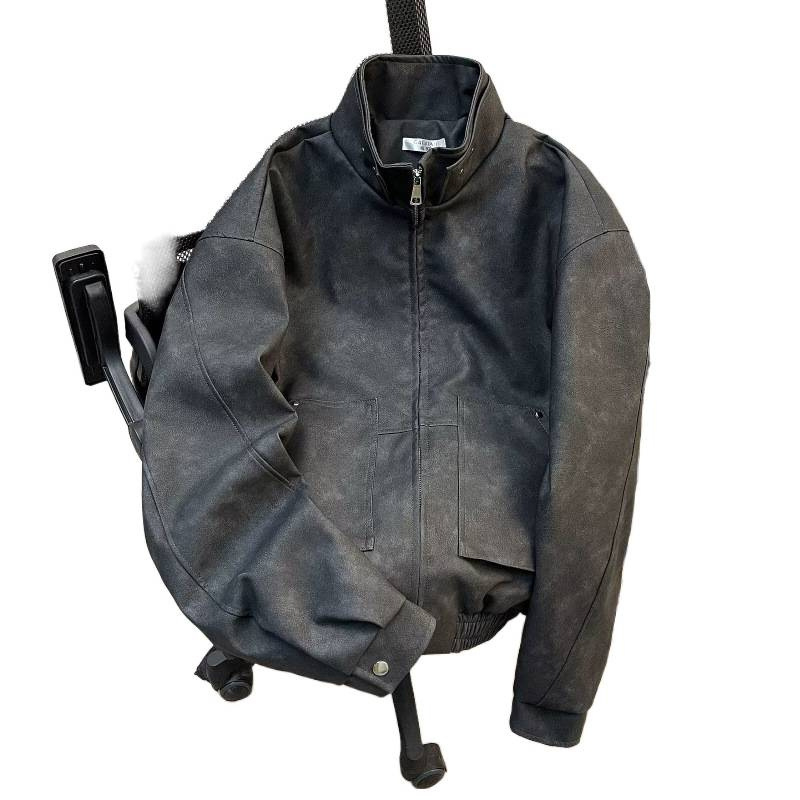 Unisex PU δερμάτινο μπουφάν σε αμερικανικό ρετρό στυλ με επιρροή old-money, πάνελ σχεδίασης, για άνοιξη-φθινόπωρο, biker εμφάνιση