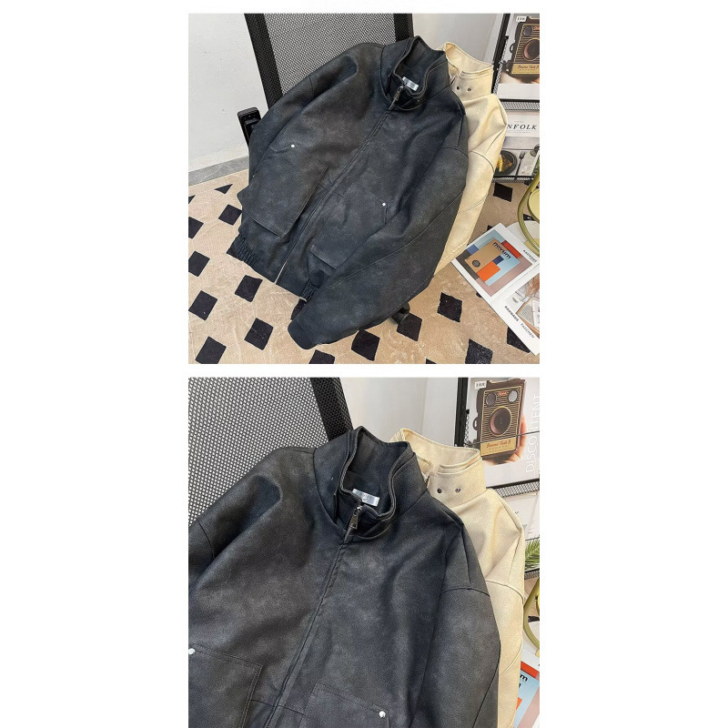 Unisex PU δερμάτινο μπουφάν σε αμερικανικό ρετρό στυλ με επιρροή old-money, πάνελ σχεδίασης, για άνοιξη-φθινόπωρο, biker εμφάνιση
