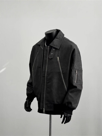 Ανδρικό δερμάτινο μπουφάν μοτοσικλέτας με φερμουάρ, άνοιξη-φθινόπωρο, αμερικανικό ρετρό στυλ, χαλαρή γραμμή, σχεδιαστική λεπτομέρεια