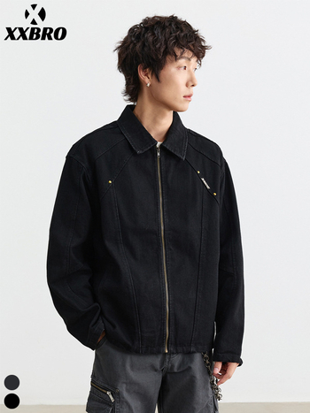 Muxi Clothing Férfi patchwork dzseki – Denim anyagból, amerikai utcai stílus, cipzár, biker hatás
