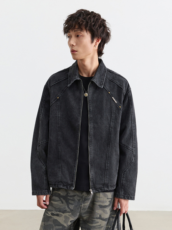 Muxi Clothing Férfi patchwork dzseki – Denim anyagból, amerikai utcai stílus, cipzár, biker hatás