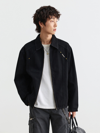 Muxi Clothing Férfi patchwork dzseki – Denim anyagból, amerikai utcai stílus, cipzár, biker hatás