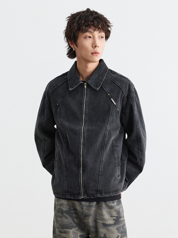 Muxi Clothing Férfi patchwork dzseki – Denim anyagból, amerikai utcai stílus, cipzár, biker hatás