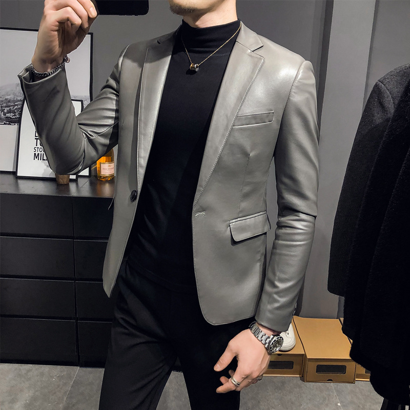 Muški PU kožni kostim od dva dijela, korejskog stila, jesen-zima, slim-fit