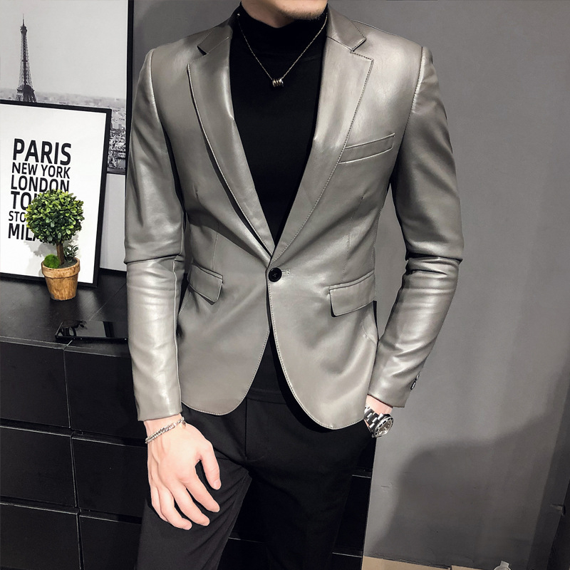 Muški PU kožni kostim od dva dijela, korejskog stila, jesen-zima, slim-fit