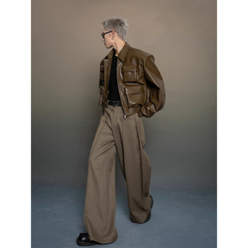 Američka kožna jakna s tamnom silueti, kratka, unisex, s ovratnikom i zatvaračem, moto street stil