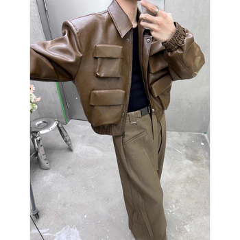 Američka kožna jakna s tamnom silueti, kratka, unisex, s ovratnikom i zatvaračem, moto street stil