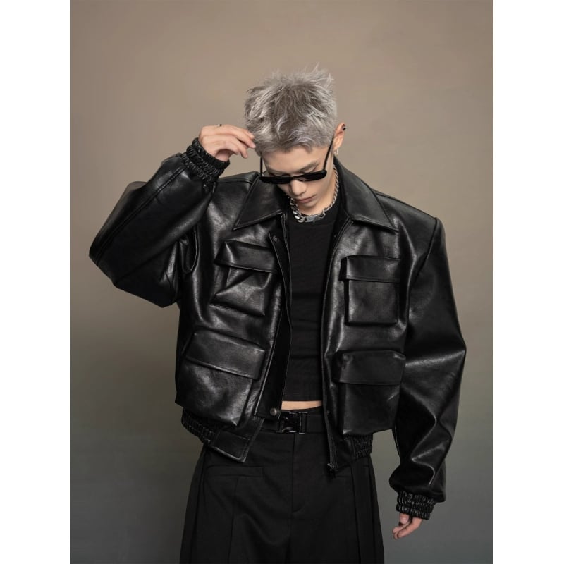 Američka kožna jakna s tamnom silueti, kratka, unisex, s ovratnikom i zatvaračem, moto street stil
