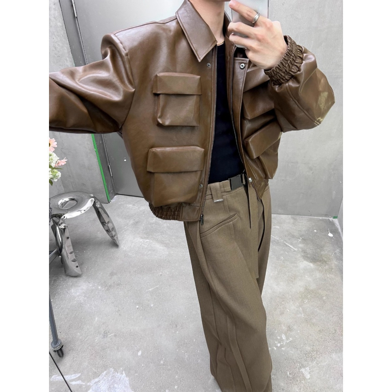 Američka kožna jakna s tamnom silueti, kratka, unisex, s ovratnikom i zatvaračem, moto street stil