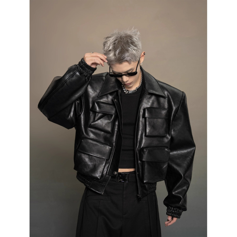 Američka kožna jakna s tamnom silueti, kratka, unisex, s ovratnikom i zatvaračem, moto street stil