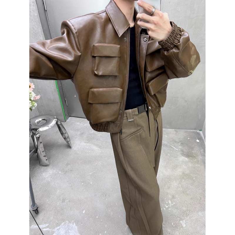 Američka kožna jakna s tamnom silueti, kratka, unisex, s ovratnikom i zatvaračem, moto street stil