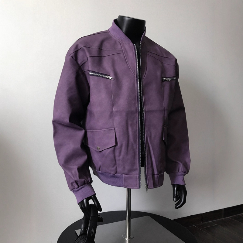2025 Αμερικάνικο vibe σε street style: Μωβ PU δερμάτινο μπουφάν για άνδρες, βίντατζ με φερμουάρ, χαλαρή γραμμή