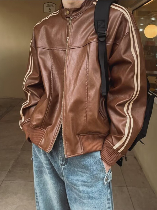 Muška PU kožna jakna u Maillard stilu, ležerna silueta, stojeći ovratnik, retro korejska moto jakna, proljeće i jesen