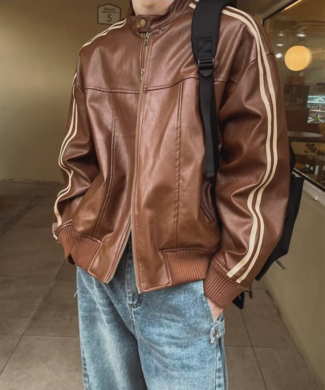 Muška PU kožna jakna u Maillard stilu, ležerna silueta, stojeći ovratnik, retro korejska moto jakna, proljeće i jesen