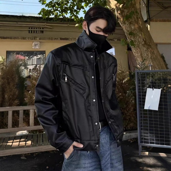 Crna PU kožna jakna za muškarce, proljetno-jesenski stil, opuštena silueta, rever, jednostruko kopčanje, dekorativni zip, svakodnevno vanjski komad