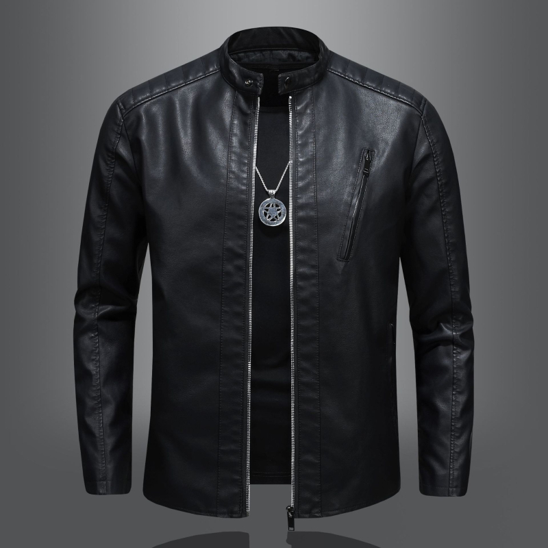 Geacă din PU de piele pentru bărbați, cu guler înalt, fermoar, croială slim, stil biker, toamnă, mărime mare