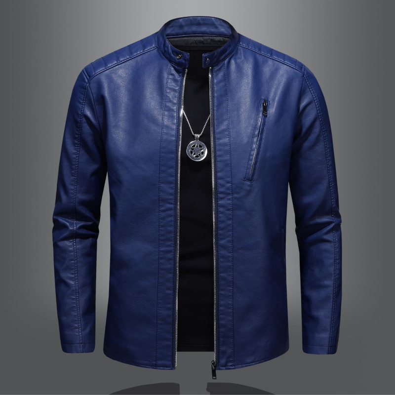 Geacă din PU de piele pentru bărbați, cu guler înalt, fermoar, croială slim, stil biker, toamnă, mărime mare