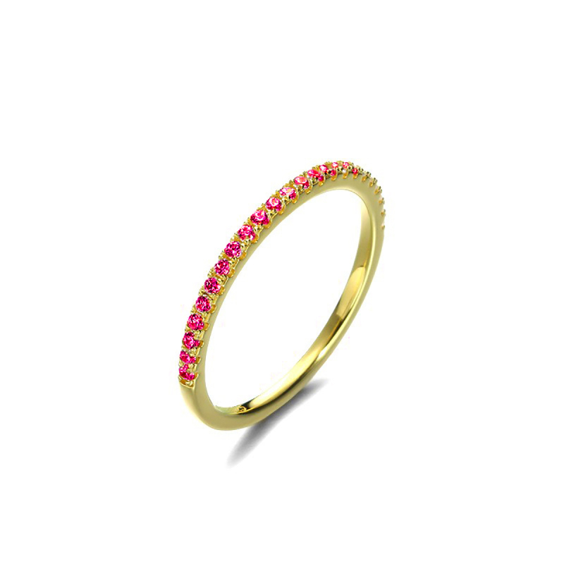 Dunli Jewelry S925 srebrni prsten s crvenim korundom u nizu i pavé dijamantima, minimalistički stil, za žene