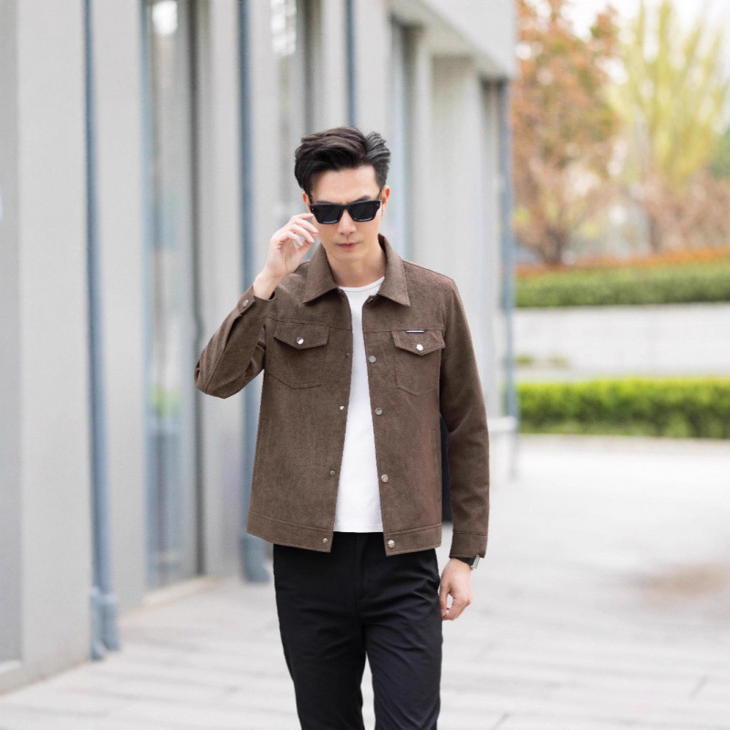 Muško PU kožno jakna za jesen 2025, casual stil, slim fit, ovratnik od velura, višestruki džepovi