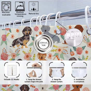 Cortină de duș impermeabilă personalizată, cu dachshund în 3D, imprimare digitală, separare uscat–umed, set cortină de duș și covoraș pentru baie