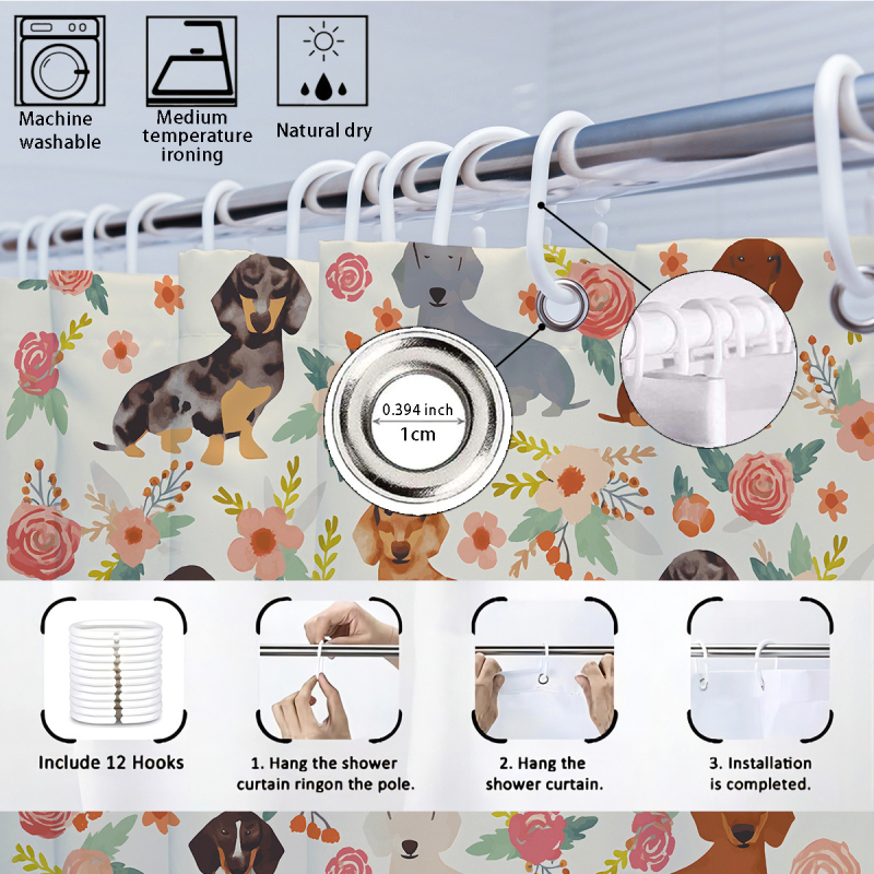 Cortină de duș impermeabilă personalizată, cu dachshund în 3D, imprimare digitală, separare uscat–umed, set cortină de duș și covoraș pentru baie