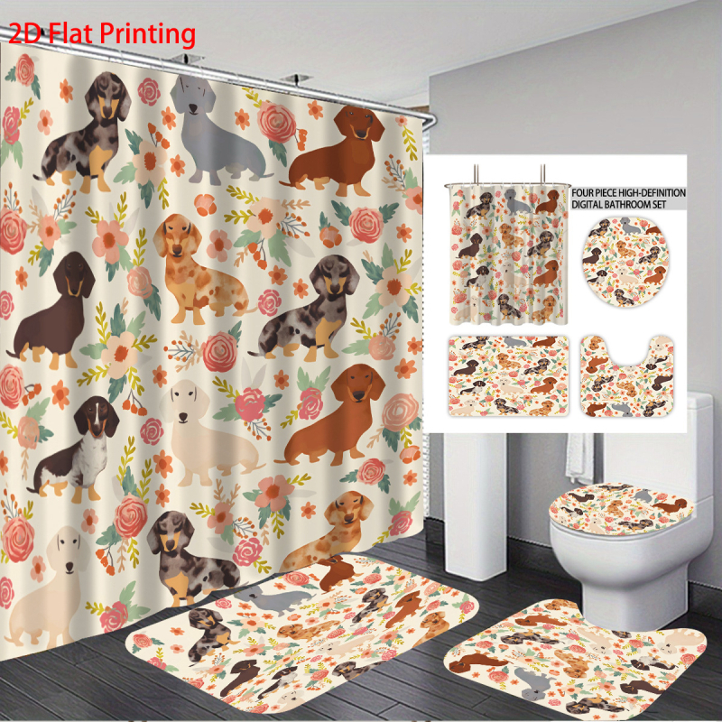 Cortină de duș impermeabilă personalizată, cu dachshund în 3D, imprimare digitală, separare uscat–umed, set cortină de duș și covoraș pentru baie