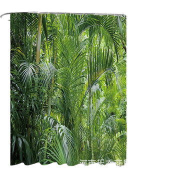 Set perdea de duș cu plante tropicale verzi, covoraș antiderapant pentru podea, capac pentru vasul de toaletă, covoraș de baie și 12 cârlige din plastic