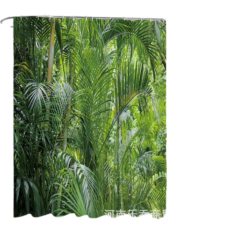 Set perdea de duș cu plante tropicale verzi, covoraș antiderapant pentru podea, capac pentru vasul de toaletă, covoraș de baie și 12 cârlige din plastic