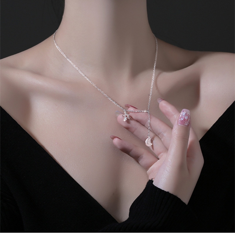 Ogrlica sa zvijezdom i mjesecom, mikro pavé dijamantima, srebro 925 premaz, novi trendovski dizajn, elegantan lanac za vrat