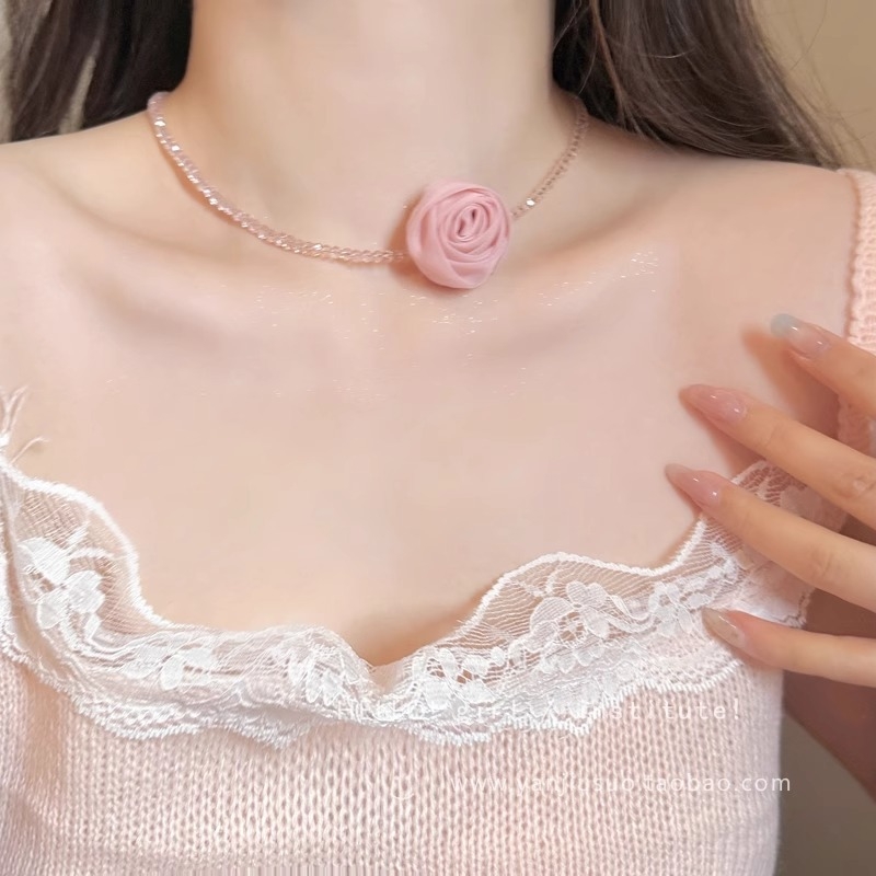 Ogrlica s mrežastom ružom za žene, choker s perlama i umjetnim kristalom