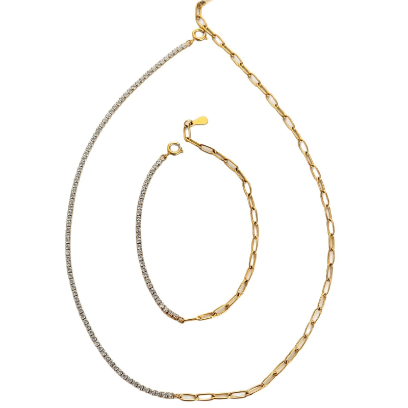 Dazan set ogrlice s poludijamantnim lancem, 18K pozlata, titan čelik, tenis lanac i lanac tip klip, retro INS stil, unisex