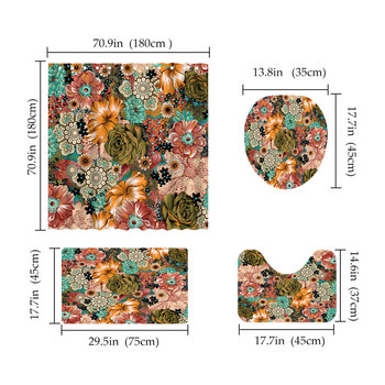 Set Boho floral pentru duș: perdea de duș, cort de duș, separator de duș, covoraș de baie și covoraș de toaletă