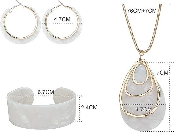 Set nakita od bijelog acetata: naušnice, ogrlica i narukvica, 3-dijelni set za žene