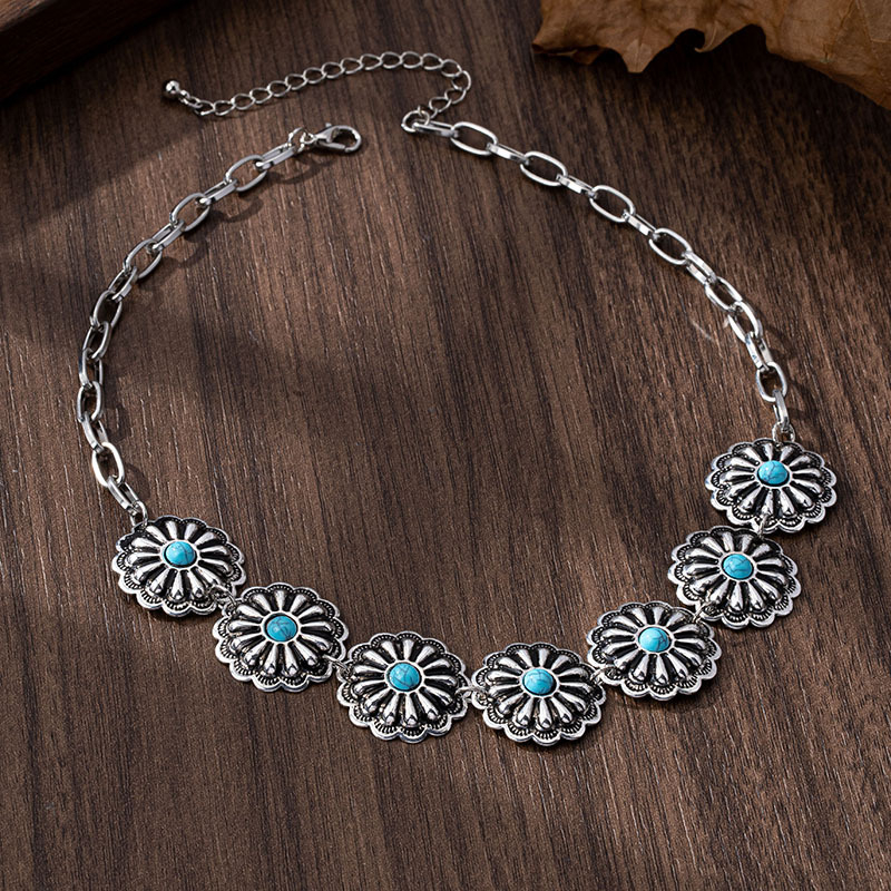 Set nakita za žene: ogrlica, naušnice i narukvica s tirkiznim cvijetom u ugrađenom dizajnu, retro elegantan stil