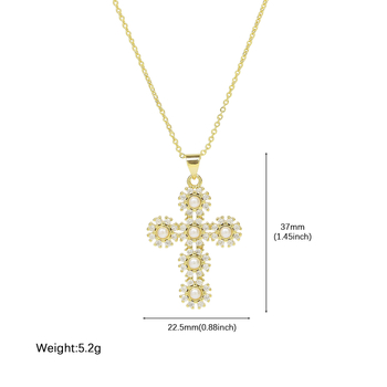 Ženski ogrlic s pozlaćenim križem i biserima, bakren materijal, duljina 41–50 cm, klavikularni lanac, elegantan stil