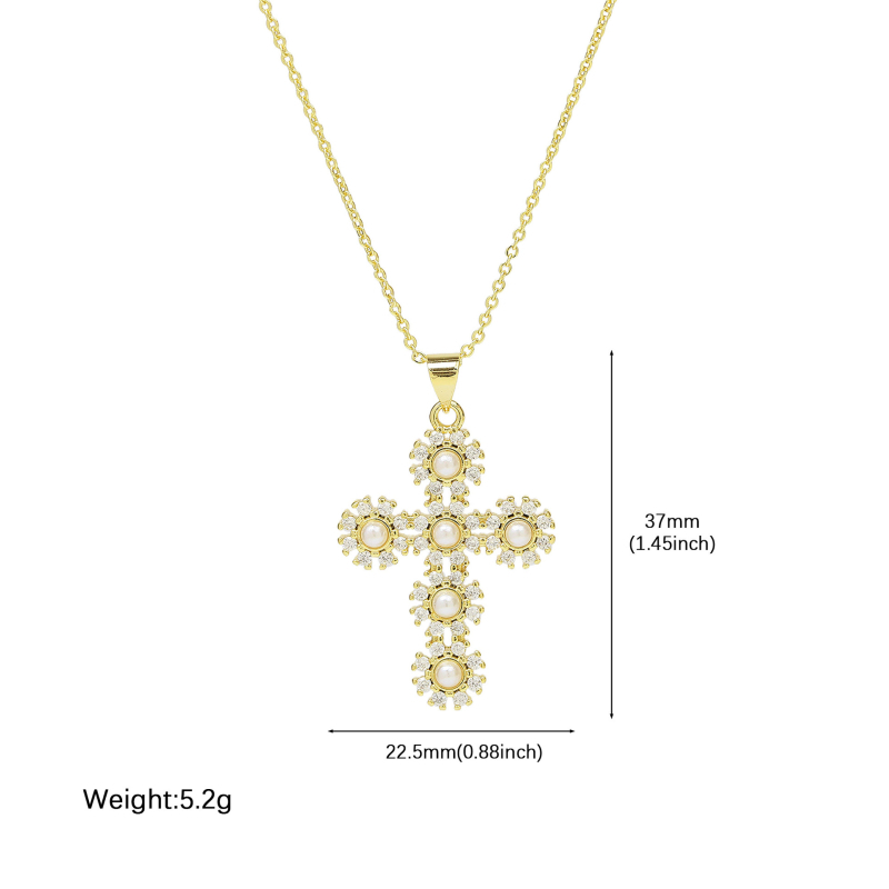 Ženski ogrlic s pozlaćenim križem i biserima, bakren materijal, duljina 41–50 cm, klavikularni lanac, elegantan stil
