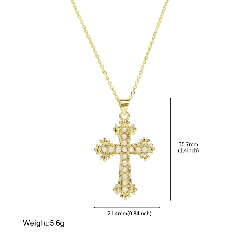 Ženski ogrlic s pozlaćenim križem i biserima, bakren materijal, duljina 41–50 cm, klavikularni lanac, elegantan stil