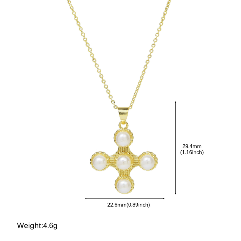 Ženski ogrlic s pozlaćenim križem i biserima, bakren materijal, duljina 41–50 cm, klavikularni lanac, elegantan stil