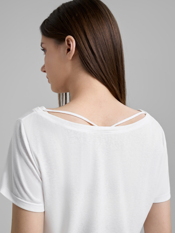 Tricou de yoga pentru femei, look de două piese, decolteu în V mic, spate deschis, mâneci scurte, croială lejeră și respirabilă