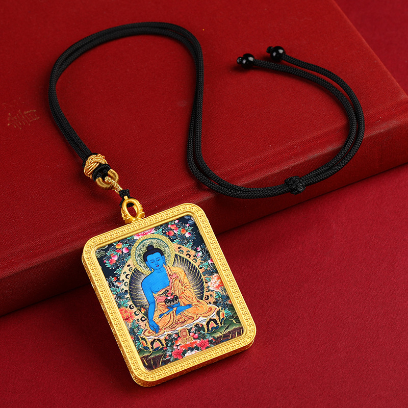 Thangka ogrlica tibetanskog stila s Budom medicinom, polu ručno slikanom sa zlatnim detaljima