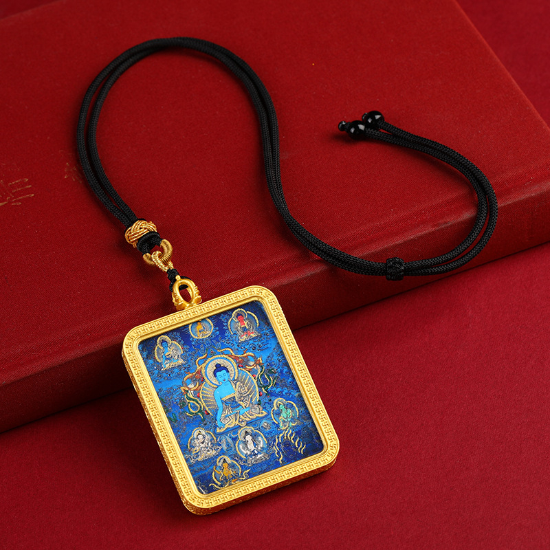 Thangka ogrlica tibetanskog stila s Budom medicinom, polu ručno slikanom sa zlatnim detaljima