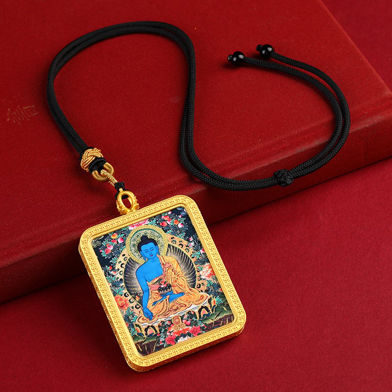 Thangka ogrlica tibetanskog stila s Budom medicinom, polu ručno slikanom sa zlatnim detaljima