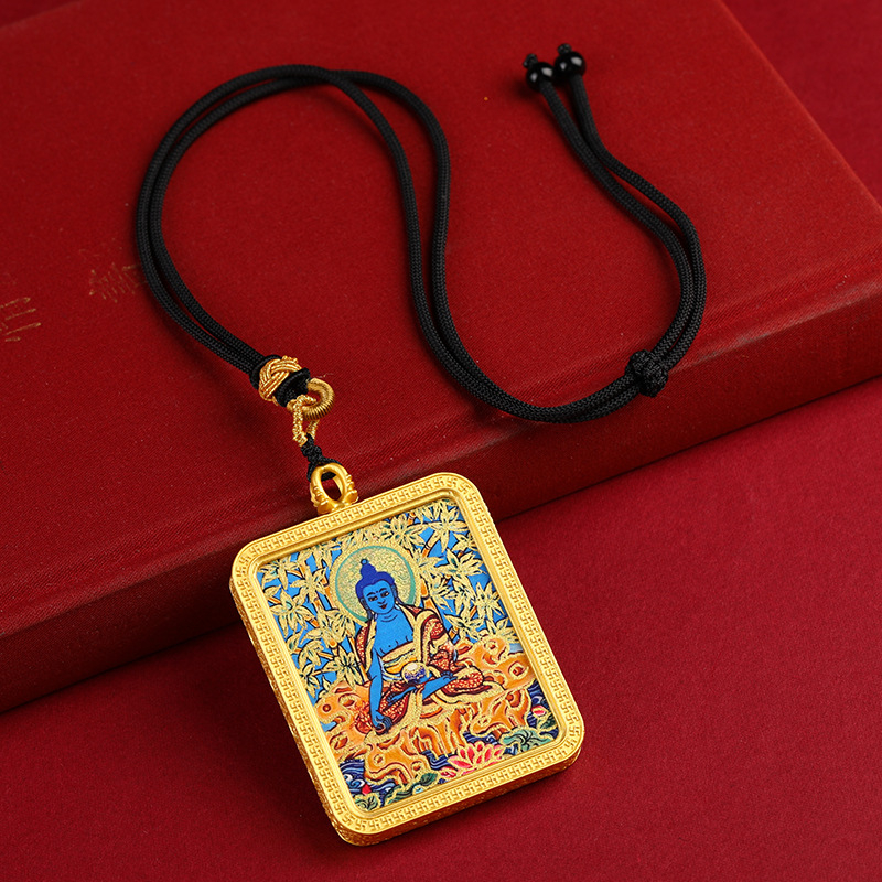 Thangka ogrlica tibetanskog stila s Budom medicinom, polu ručno slikanom sa zlatnim detaljima