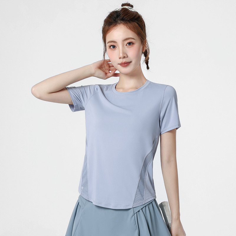 Tricou pentru femei pentru yoga și alergare, mâneci scurte, material uscat rapid, panou din plasă, antrenament Pilates și fitness