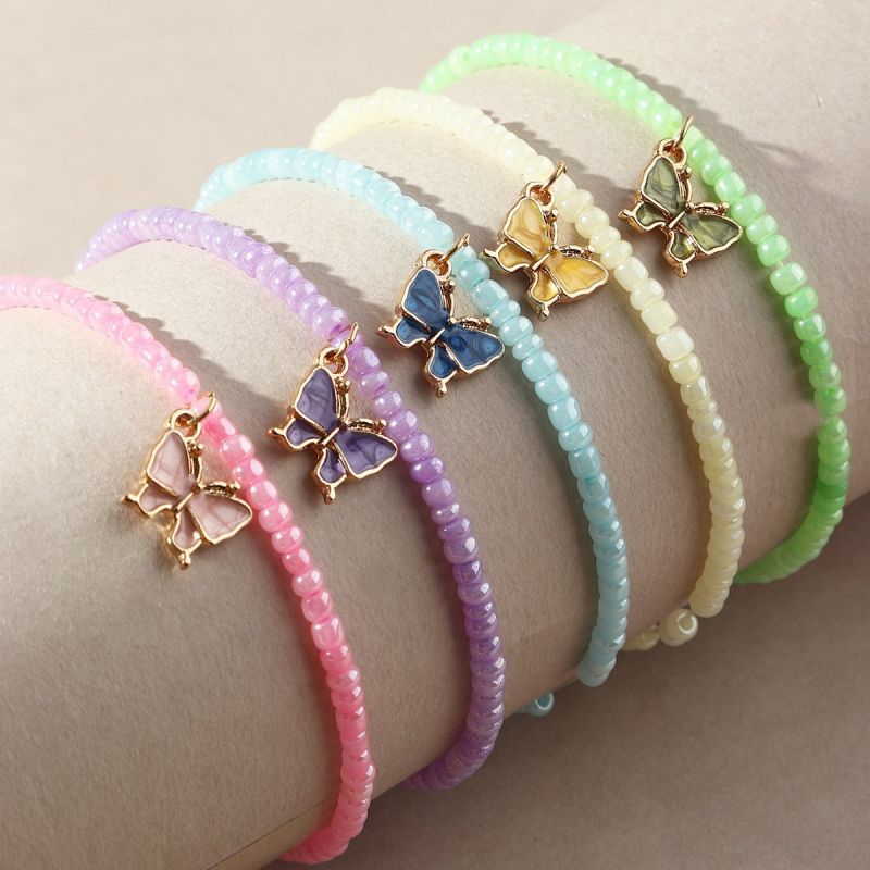 Boemski stil, šarene rižaste perle s privjeskom Dragonfly Butterfly, ručno izrađeni set narukvica za djevojčice