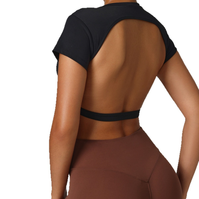 Top sport scurt, cu spate deschis, croială mulată, lungime la talie; material nylon/spandex, uscare rapidă, respirabil, pentru yoga și exerciții