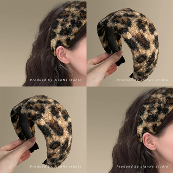 Ženska široka traka za kosu s leopard uzorkom i plišanim materijalom, korejski stil, svakodnevni dodatak za kosu.