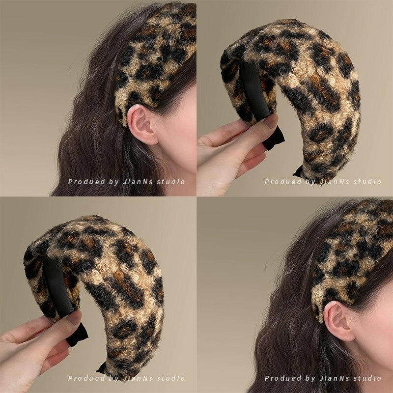 Ženska široka traka za kosu s leopard uzorkom i plišanim materijalom, korejski stil, svakodnevni dodatak za kosu.